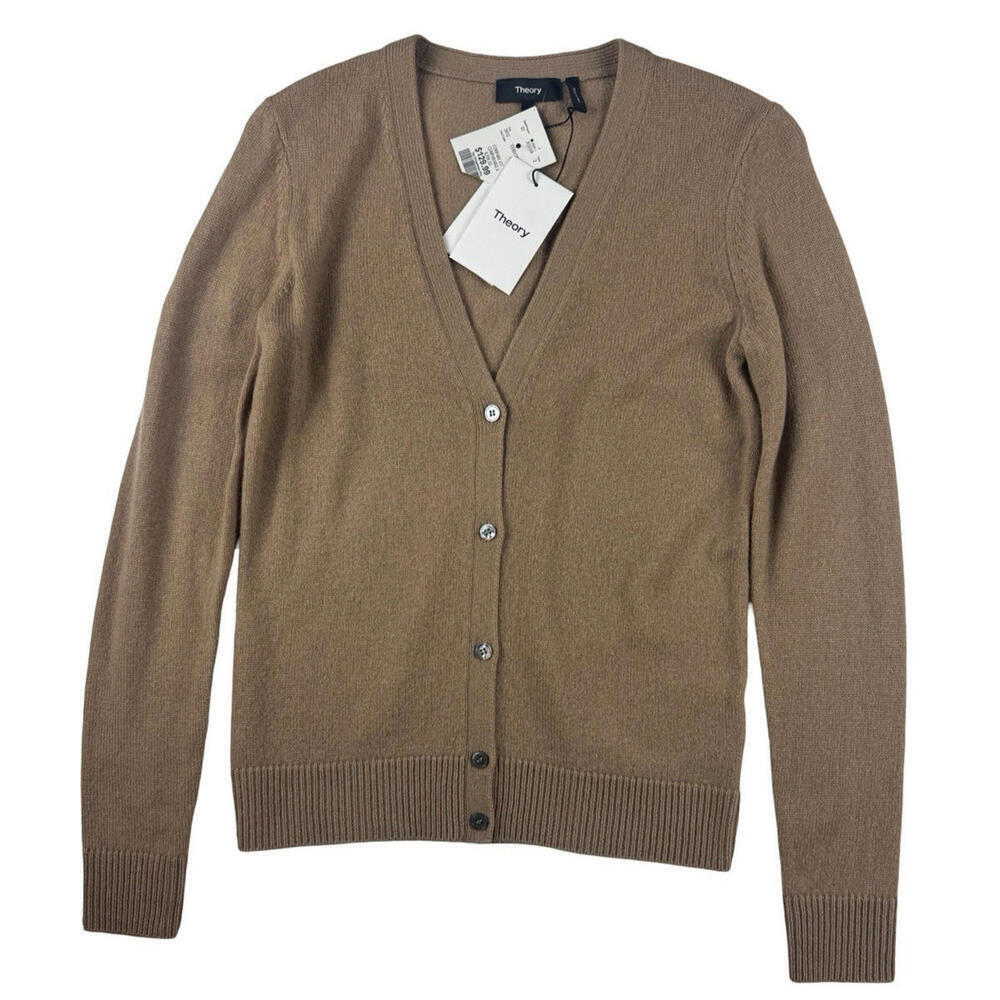 Theory V-Neck Feather Cashmere Cardigan Sweater Brown Size S
